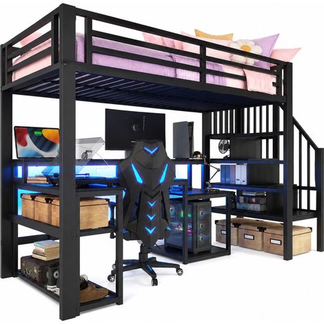 Letto a soppalco 90 x 200 cm con scrivania, luci LED, porte USB, scaffali e vani portaoggetti, struttura in metallo e MDF, nero, senza materasso - CHICFURN (1/5)