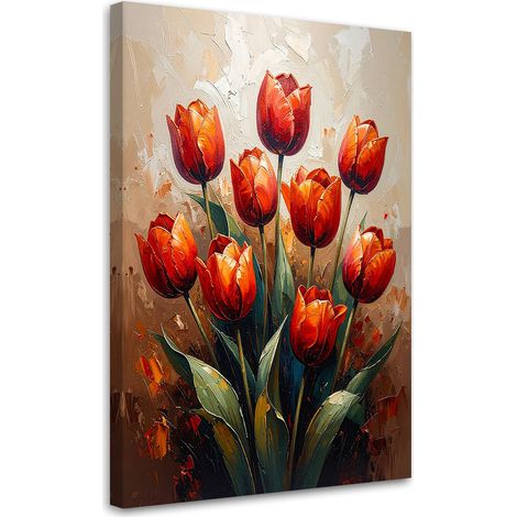 Quadro su tela, Tulipani rossi Fiori su sfondo beige - 80x120 (1/2)