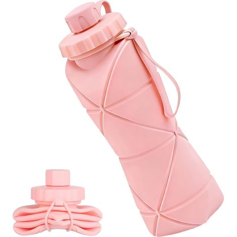 Bouteille d'eau de voyage pliable de 600 ml,pliable en silicone légère et réutilisable avec couvercle anti-fuite et cordon, portable pour voyage, cyclisme, gym, camping (rose) (1/4)