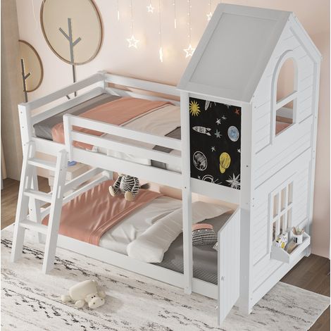 Cama Litera 90x200 Cm Puerta Pequeña Y Pizarra Madera Blanca (1/5)