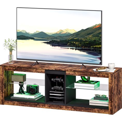 Meuble TV avec lumières LED et télécommande, étagères et compartiments ouvert, 140x35x47cm, marron (1/5)
