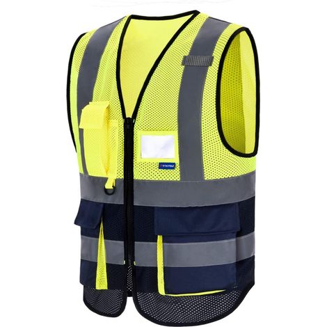 Gilet de sécurité haute visibilité zippé avec poches pour téléphone et badge, jaune/bleu marine, taille XL (1/4)