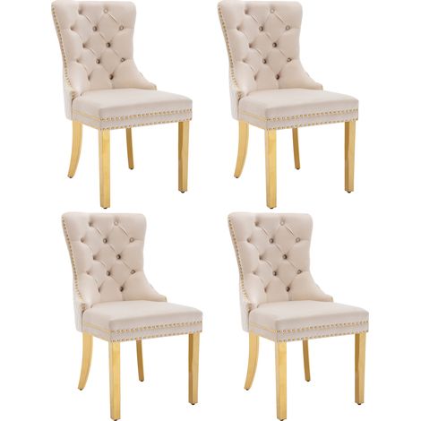 Silla de comedor tapizada beige con patas de acero inoxidable dorado, 4 piezas (1/5)