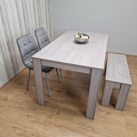 Dining Table and 2 Chairs With Bench Grey 2 Grey Velvet Chairs Wooden Bench Wood Dining Set Furniture (1/5)