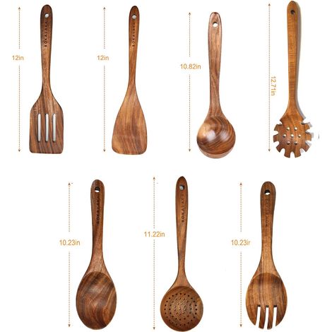 Lot de 7 Cuillères et Spatules en Bois de Teck pour la Cuisine - Ustensiles de Cuisine