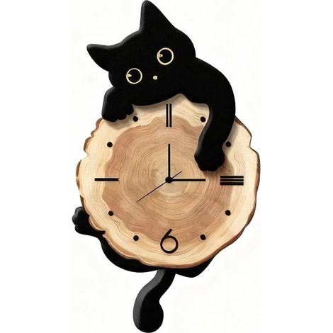 Horloge murale chat silencieux à queue remuante - 30 x 33 cm - Motif serpent en plastique noir et blanc - Style contemporain pour la maison ou le bureau - chat noir (1/4)