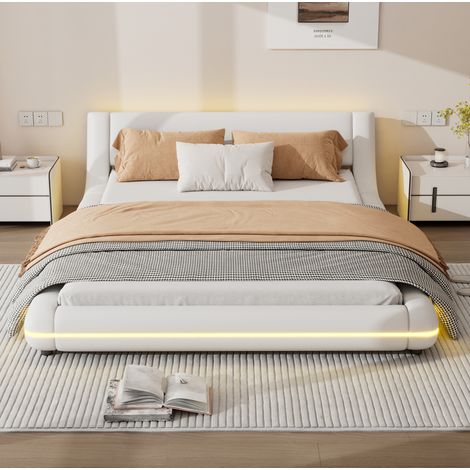 Cama baja moderna de PU blanco 140x200 cm con cabecero bajo, somier de láminas y luz LED ambiental
