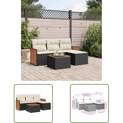 The Living Store Salon de jardin 5 pcs avec coussins noir résine tressée - Ensemble Salon De Jardin - Meuble Extérieur - Jardin Design - Mobilier De Jardin - Chaise Lounge (1/3)