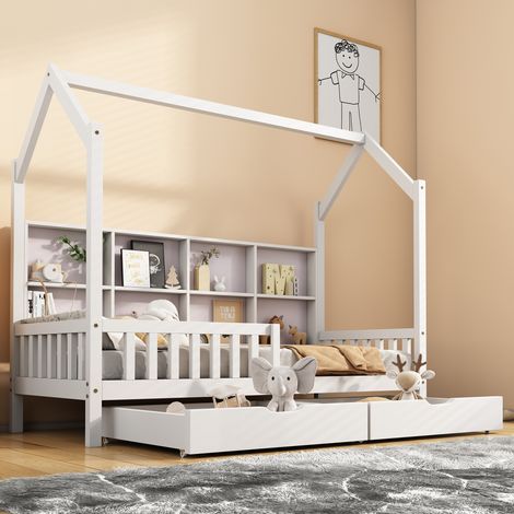 Lit cabane enfant 90x200 cm avec bibliothèque intégrée, 2 grands tiroirs, barrières de sécurité, sommier à lattes, pin massif, blanc (1/5)
