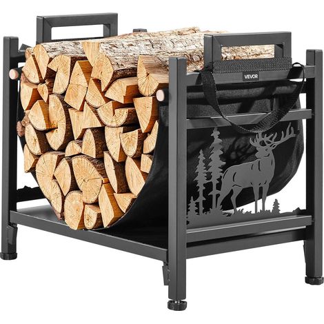 Support à bois d'intérieur courbé 45 cm avec transporteur en toile,capacité 18 kg,porte-bûches en acier durable pour cheminée (1/5)