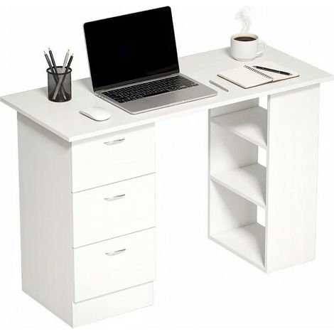Bureau Informatique avec 3 Tiroirs et 3 Étagères Ouvertes Réversibles pour Bureau en MDF Blanc 120 x 49 x 72 cm (1/5)