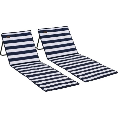Strandmatte 2er-Set faltbar verstellbar mit Tragetasche und Magazintasche, Stahl und Oxford-Gewebe in Blau und Weiß