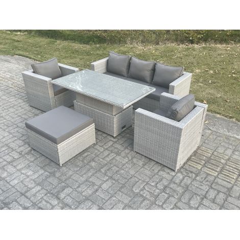 Fimous Rattan Garden Funiture Set Adjustable Rising Lifting Table Sofa Dining Set With 2 Arm Chair Big Footstool (1/4)