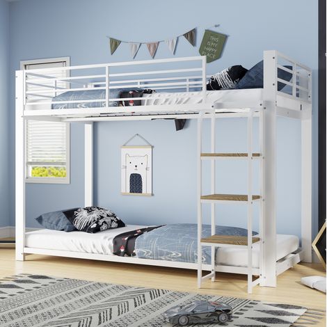 Cama litera para niños (204x115x145 cm), con escalera integrada, barandilla de protección, MDF y metal, blanco y nogal (1/5)
