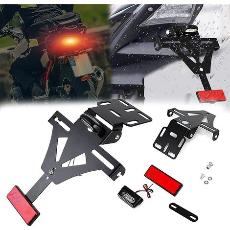 Support De Plaque Moto, Universel Support Plaque Moto Porte Plaque Immatriculation Support De Plaque D'Immatriculation Réglable avec Feu Arrière Et Réflecteur (1/5)