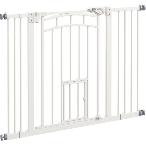 Barrière de sécurité pour animaux (escaliers) avec fermeture automatique et petite chatière installation sans perçage largeur 74–100 cm blanc. (1/4)