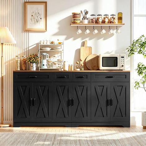 Buffet de cuisine - avec 6 portes et 4 tiroirs - 180x34x87cm - Noir (1/5)