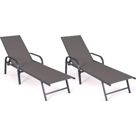 Idmarket – Lot de 2 transats de jardin inclinables – Acier gris antracite – Toile résistante – Confort optimal pour extérieur