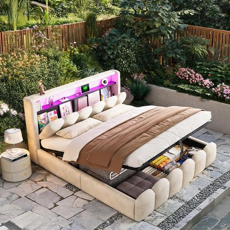 Cadre de lit beige en upholstered 189 x 228,5 x 110,5 cm (1/5)