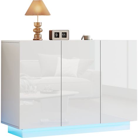 Buffet blanc brillant ouvert et fermé, meuble d’entrée avec éclairage LED au socle, 1204075CM (1/5)