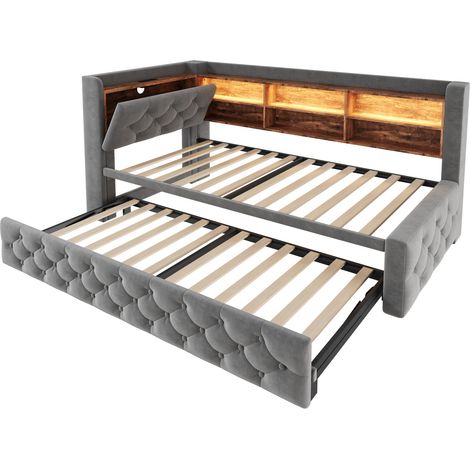 Ausziehbares Bett 90x190 cm aus dunkelgrauem Samt mit Stauraum und LED (1/5)