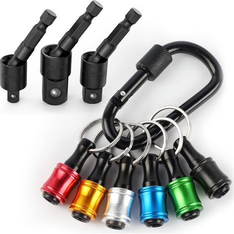 Portapuntas de aluminio con vástago hexagonal de 1/4", adaptador de extensión para taladro, 6 piezas, colores brillantes, botón negro, + adaptadores para vasos de impacto de 1/4", 3/8" y 1/2". (1/5)
