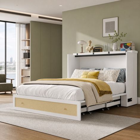 Letto armadio 206x147.5x102 cm, con cassetti, presa USB, trasformabile, MDF, bianco (1/5)