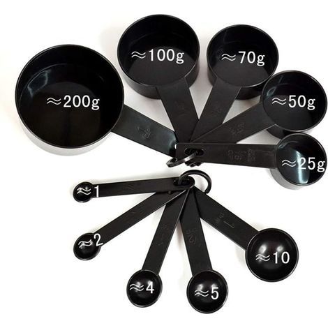 Juego de 10 tazas medidoras negras con mango y cuchara medidora. (1/5)