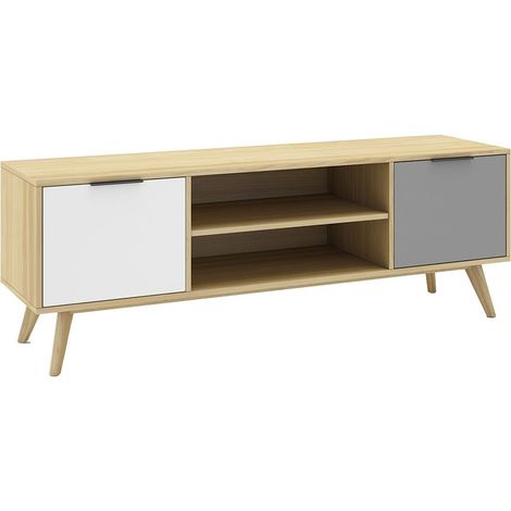 BORGH - Meuble TV 140cm 2 Portes Scandinave Pin Massif Gris, Blanc et Effet Chêne (1/5)
