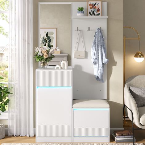 Recibidor de entrada con zapatero y espejo - 105 x 38 x 190 cm - mueble con banco perchero e iluminación led app - estilo moderno de mdf - blanco (1/5)