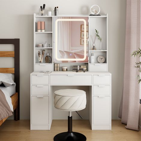 Tavolo da toilette Solea, Bianco, 105 cm con specchio a LED, Vicco
