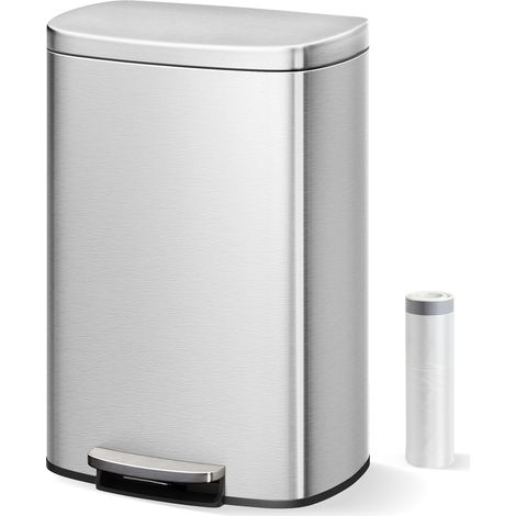 Grand capacité - Poubelle de cuisine 50L en acier inoxydable - Pédale à pied - Couvercle à fermeture douce - Seau intérieur amovible - Contrôle des odeurs - Résistante aux traces de doigts - Poignée a
