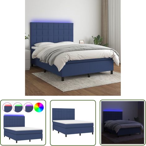 The Living Store Sommier à lattes de lit et matelas et LED Bleu 140x190 cm Tissu - Lit Plateforme - Lit Design - Lit Moderne - Lit Avec Rangement - Sommier Tapissier (1/5)