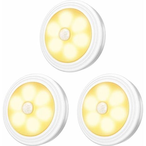ZVD Lampes LED pour armoire/armoire, 3 pièces, veilleuse, détecteur de mouvement LED avec base magnétique pour vitrines d'armoires d'escalier de cuisine (fonctionnant sur piles) (1/4)