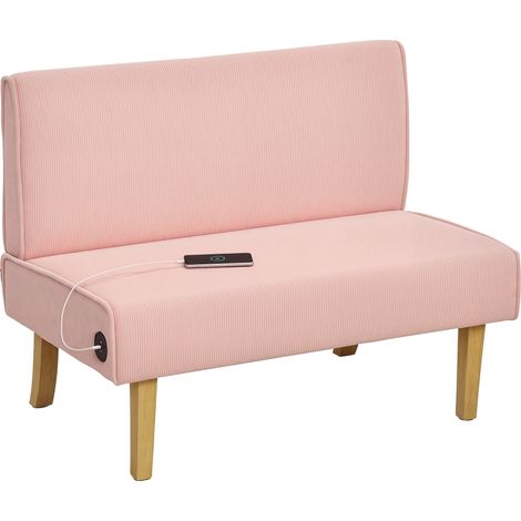 HOMCOM sofá de 2 plazas tapizado en pana sofá de salón sin brazos con 2 puertos USB 1 puerto Tipo-C y patas de madera carga 240 kg 110x60x85 cm rosa (1/5)