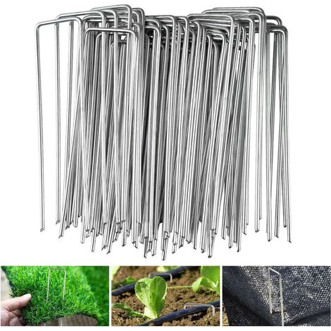 100er-Pack Gartenbefestigungspfähle – 150 x 40 mm Ø 0,25 mm, verzinkter Stahl, U-förmig, zur Befestigung von Unkrautvlies, Zäunen und Netzen (OUYLAF) (1/5)