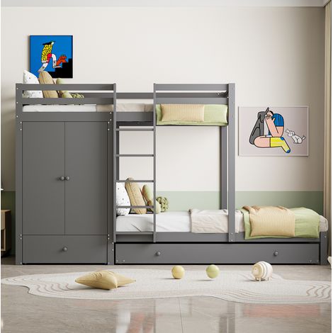 Litera 90x200 cm gris de madera con cama nido, armario, cajones y estante (1/5)