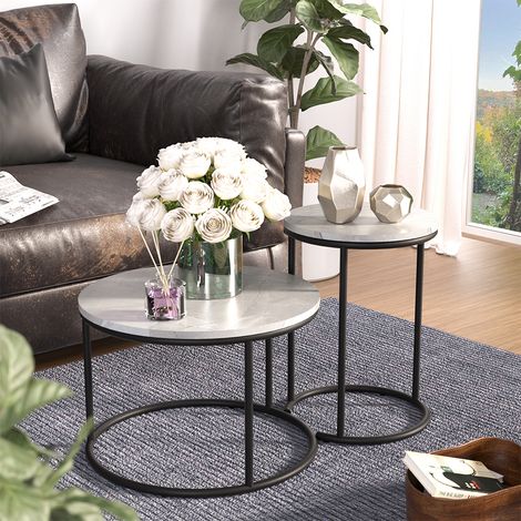 Conjunto de mesa de centro Ottawa, Mármol blanco, 55 x 55 cm 2 partes, Vicco