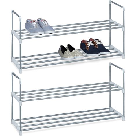 2 x Schuhregal Metall, 2 Ablagen, beliebig erweiterbar, Schuhablage für 8 Paar Schuhe, HBT: ca 45 x 90 x 30 cm, silber