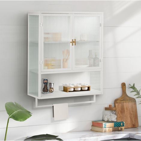 Buffet mural 2 portes avec étagère ouverte et porte-serviettes, 60 x 23 x 78 cm, blanc (1/5)