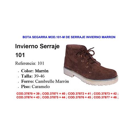 Botas SEGARRA Mod. 101 de Serraje Invierno Marrón Talla 42