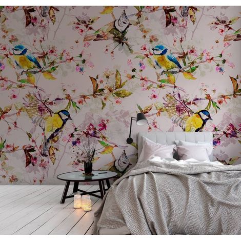 Papier peint panoramique rose et jaune romantique | Tapisserie panoramique pour chambre de fille | Papier peint panoramique à motif oiseaux et fleurs - 270 x 500 cm (5 pièces) (1/5)