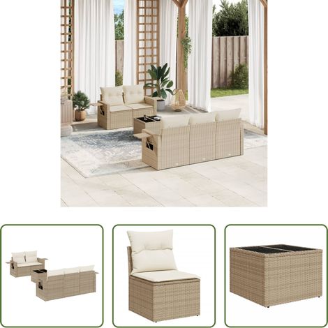 vidaXL Gartensessel - 6-tlg. Garten-Sofagarnitur mit Kissen Beige Poly Rattan (1/5)