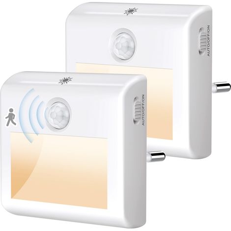[Lot de 2] Veilleuse avec Détecteur de Mouvement, Lumière Blanche Chaude, 3 Modes (Allumée/Auto/Éteinte), Gradation Continue, pour Chambre, Couloir, Escalier, Cuisine, Salle de Bains (1/5)