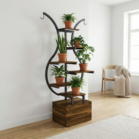 Portapiante da Interno, 142cm con Lampada LED e Mobiletto, Scaffale porta fiori multipiano, Metallo e Legno, Design Curvo Moderno, Noce