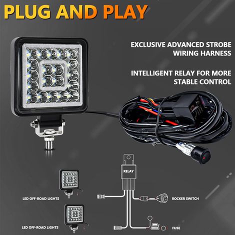 Barre lumineuse LED, 2 pièces de 4 pouces 160W, phares de travail carrés étanches pour tout-terrain avec kit de faisceau de câblage 16AWG pour camion, ATV, UTV, SUV, bateau (1/5)