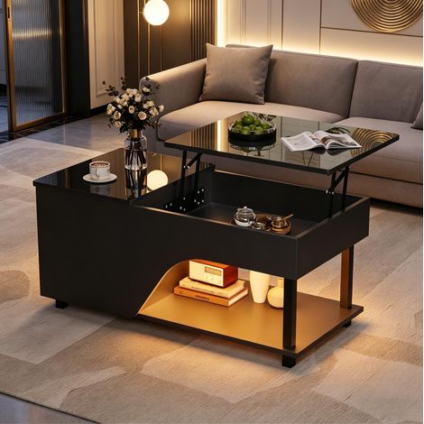 Mesa baja elevable 50 x 100 x 46 cm, con almacenaje oculto, en tableros de partículas y metal, negro (1/5)