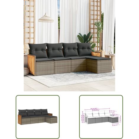The Living Store Salon de jardin 5 pcs avec coussins gris résine tressée - Ensemble Salon De Jardin - Meuble De Jardin - Salon Extérieur - Résine Tressée - Rotin Synthétique (1/3)