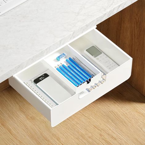 Ampia scrivania con cassetto inferiore, mobiletto scorrevole, installazione senza fori, cassetto bianco nascosto, adatta per uffici, case, scuole e altri luoghi. (1/5)