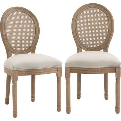 2 Chaises Vintage pour Salon, Dossier Ajouré, Bois et Tissu, 49x56x96cm, Blanc Crème (1/5)